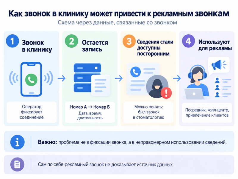 Схема: как данные о звонке в стоматологию могут использоваться для рекламных звонков