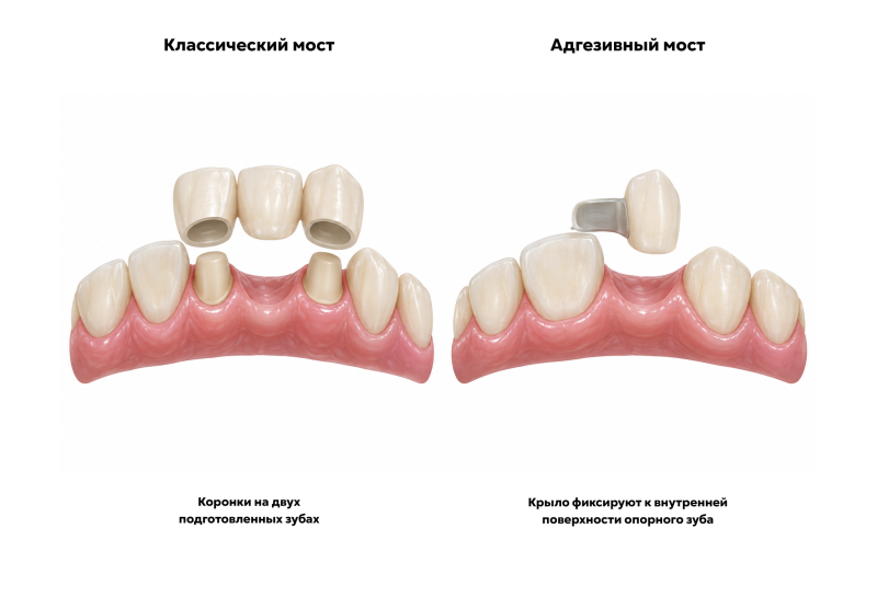 Классический мост на двух коронках и адгезивный мост с одним крылом перед фиксацией