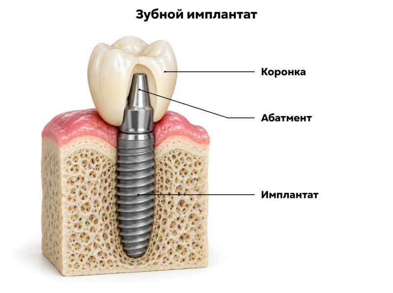 Имплантат, абатмент и коронка в разрезе