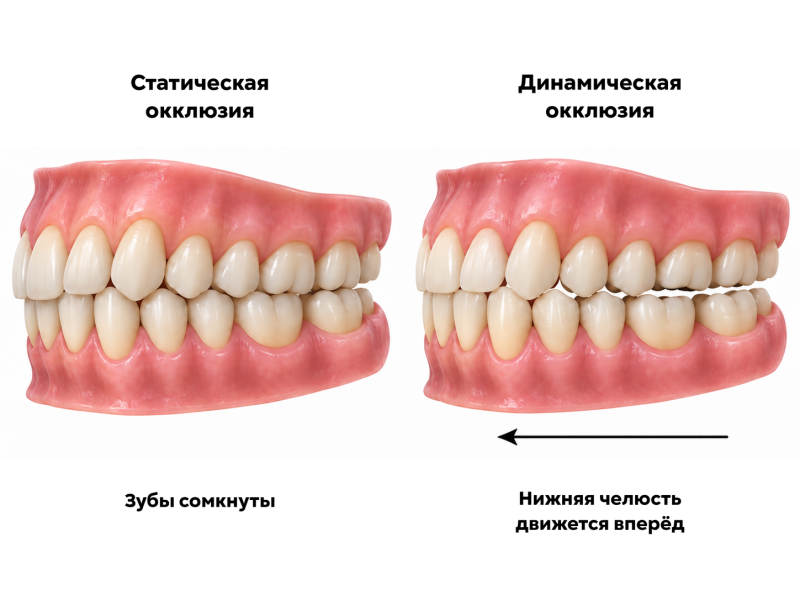 Статическая и динамическая окклюзия: контакты зубов при смыкании и движении нижней челюсти вперёд