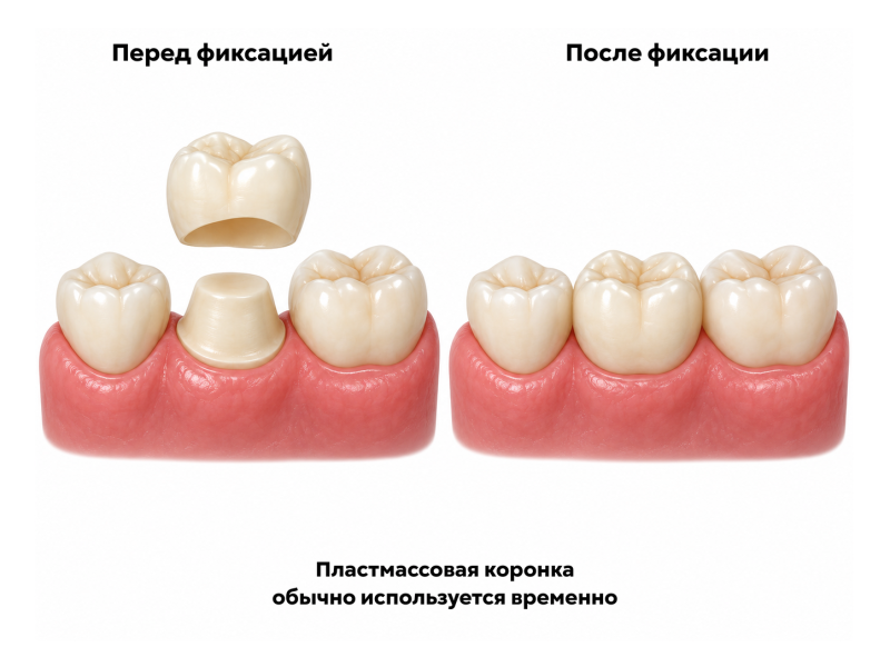 Пластмассовая коронка до и после фиксации на подготовленном зубе