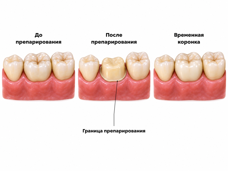 Этапы подготовки зуба под коронку: до препарирования, после обработки и с временной коронкой