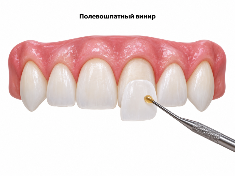 Полевошпатный винир перед фиксацией на подготовленном переднем зубе