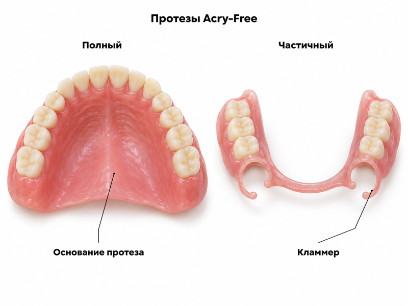 Полный протез Acry-Free для верхней челюсти и частичный протез с полимерными кламмерами для нижней челюсти