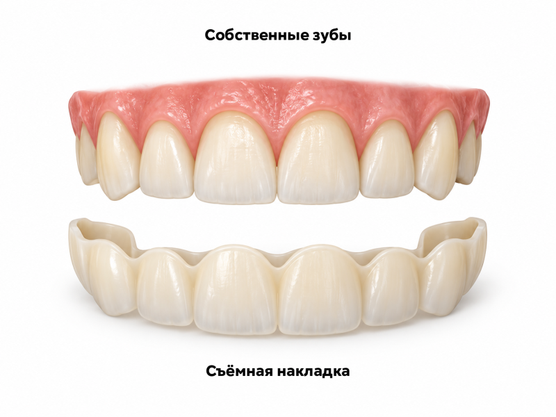 Съёмная накладка на несколько передних зубов, показанная отдельно от зубного ряда перед установкой