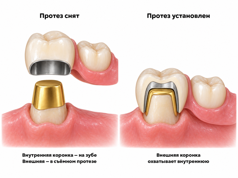 Устройство телескопической коронки: внутренняя часть на опорном зубе и внешняя часть в съёмном протезе