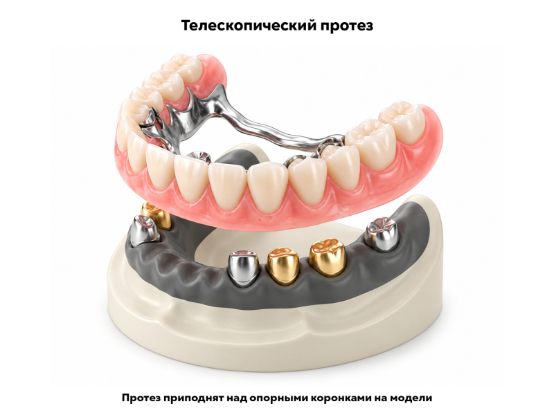 Телескопический съёмный протез над моделью челюсти с внутренними коронками на опорных зубах