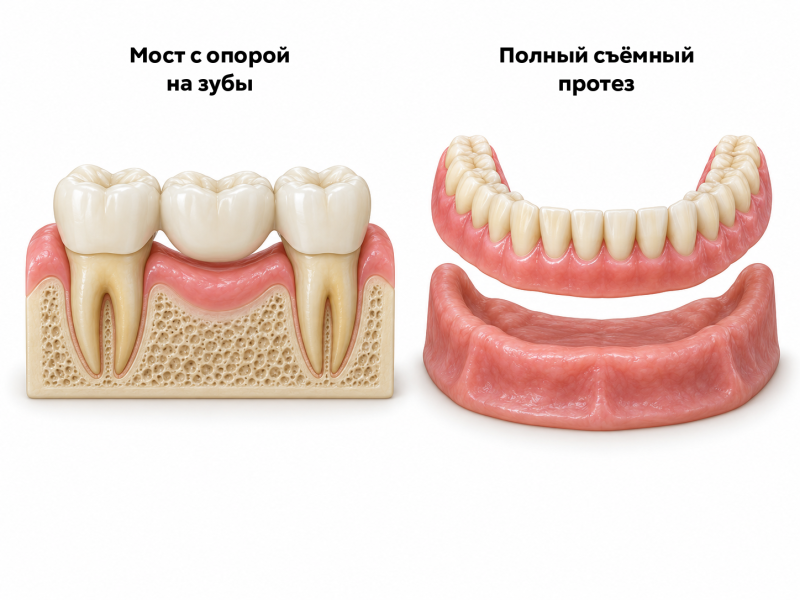 Сравнение мостовидного протеза с опорой на собственные зубы и полного съёмного протеза без имплантатов