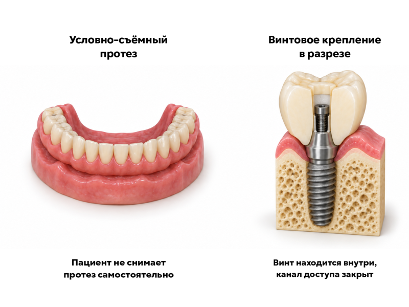 Условно-съёмный протез на имплантатах и разрез винтового крепления с закрытым каналом доступа