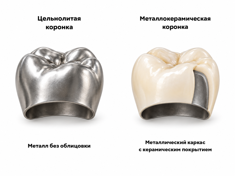 Сравнение цельнолитой металлической и металлокерамической коронок с видимым металлическим каркасом