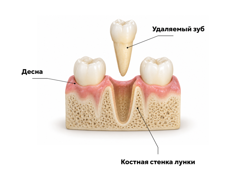 Атравматичное удаление зуба с сохранением костных стенок лунки на условном анатомическом разрезе