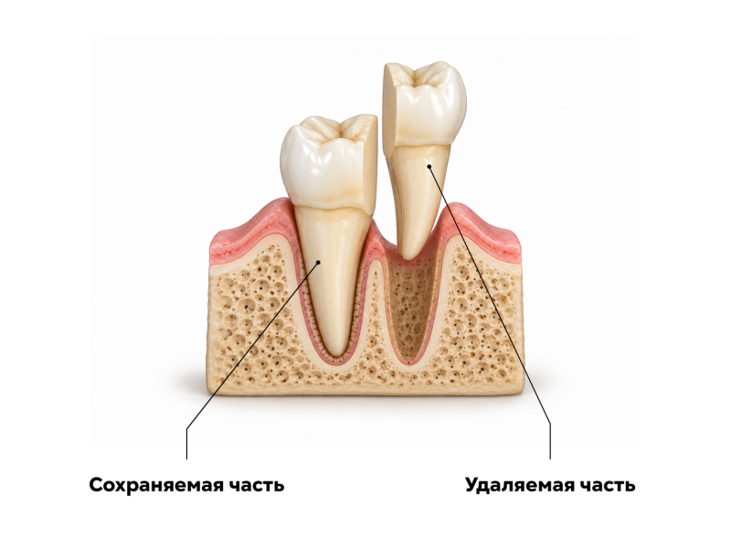 Схема гемисекции многокорневого зуба с удалением одного корня и сохранением второго