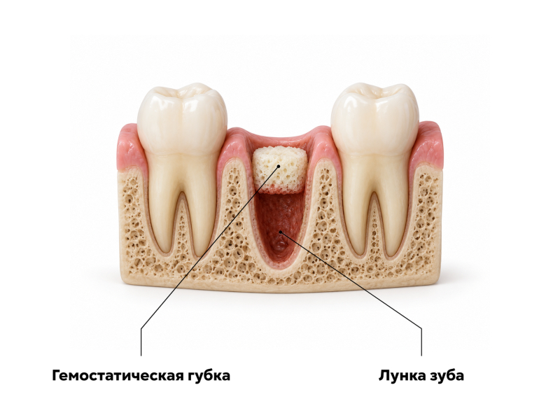 Гемостатическая губка в лунке удалённого зуба на условном анатомическом разрезе
