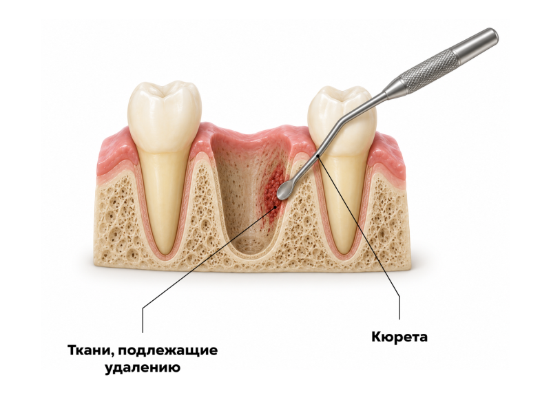 Кюретаж лунки удалённого зуба с помощью хирургической кюреты на условном разрезе