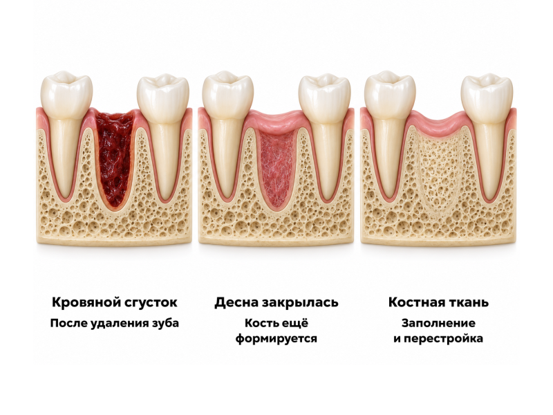 Условные этапы заживления лунки после удаления зуба: кровяной сгусток, закрытие десной и образование костной ткани