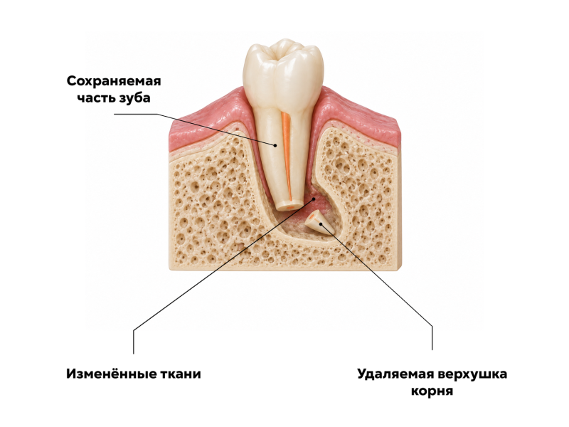 Резекция верхушки корня зуба с удалением кончика корня и окружающих изменённых тканей на анатомическом разрезе