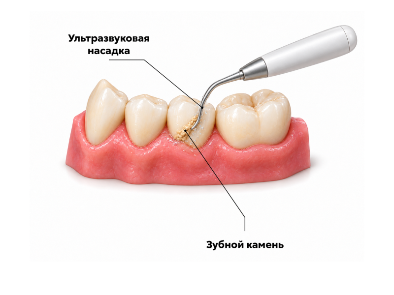 Ультразвуковая насадка скейлера удаляет зубной камень возле края десны с водяным охлаждением