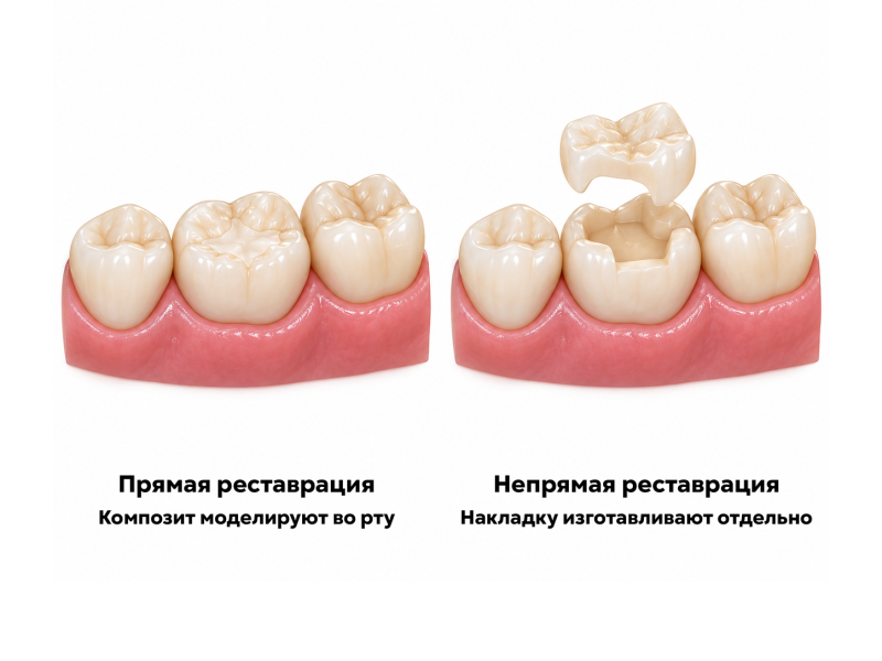 Сравнение прямой композитной реставрации зуба и непрямой реставрации отдельно изготовленной накладкой